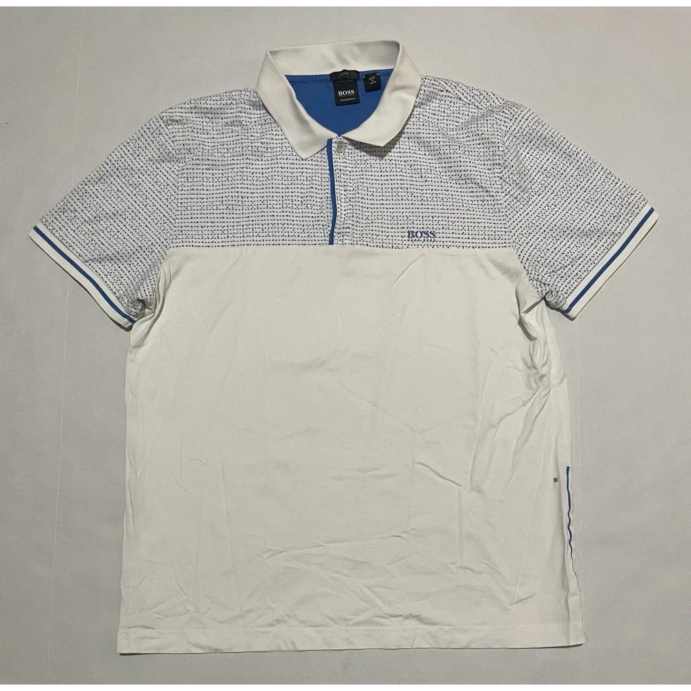 Hugo Boss Polo Shirt Mens Slim‎ Fit White Blue Cotton Stretch Golf Polo Outdoor